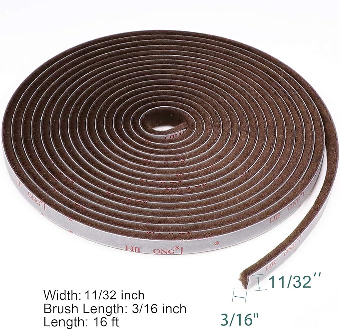 TORRAMI Brush Weather Stripping Adhesive for Window and Door 11/32 inch x 3/16 inch x 16 ft, Windproof Dustproof Energy-Efficient Weather Seal, Brown