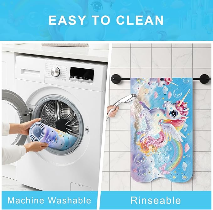 Upgrade Cartoon Baby Bath Mat Non Slip - 40"x16" Extra Long Bathtub Mat for Baby Eco Friendly Durable Bath Mat for Tub Non Slip Kids Tub Mat with Suction Cups, Machine Washable and No Fading, Unicorn
