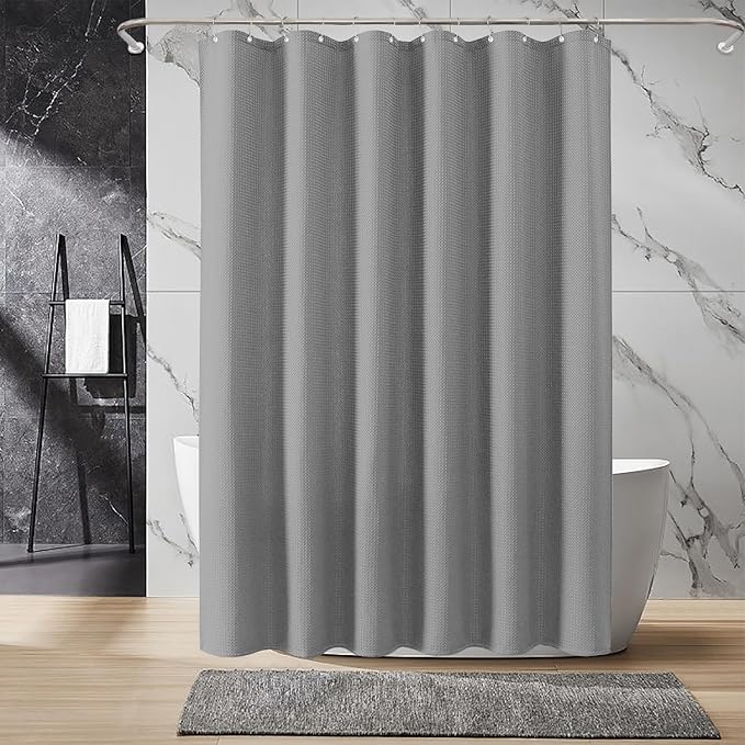 Inhousolu Fabric Shower Curtain Waffle Weave, 230 GSM Heavy Duty, Weighted Hem, 14 Metal Hooks, Water Repellent, Machine Washable, Hotel Spa Luxury Bath Curtain Set, 72 x 84 Inch, Grey