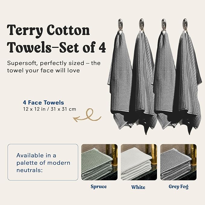 ONSEN Terry Cotton Waffle Face Towel Set – 4 Pack Luxury Cotton Face Towels, Quick Dry & Absorbent Washcloths – Soft, Lightweight, Durable Bathroom Towels for Everyday Use (Grey Fog, 12x12 in)