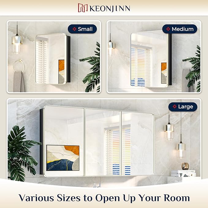 Keonjinn 20 x 26 Inch Brushed Nickel Recessed Medicine Cabinets, Bathroom Mirrored Medicine Cabinet, Brushed Nickel Stainless Steel Framed, Adjustable Shelves, In Wall or Surface Mount, Sturdy, Modern