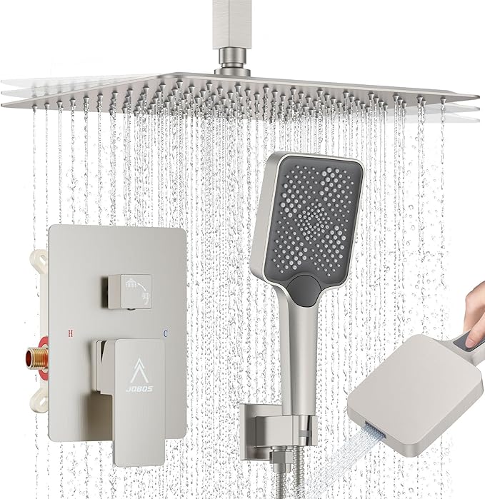 Rain Shower System 12IN Modern Brass Faucet Set With Valve and Diverter Shower Mixer With Handheld High Pressure Square Rainfall Shower Valve (12'' Ceiling Mount, Brushed Nickel)