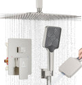 Rain Shower System 12IN Modern Brass Faucet Set With Valve and Diverter Shower Mixer With Handheld High Pressure Square Rainfall Shower Valve (12'' Ceiling Mount, Brushed Nickel)