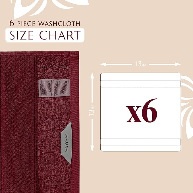 MAURA 6-Pack Premium Turkish Washcloth Set - Ultimate Luxury with Soft, Thick, Super Absorbent, and Oversized Cotton Face Towels - Ideal for a Hotel & Spa Quality Experience in Classic Burgundy