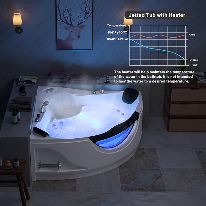 Empava 59" Corner Whirlpool Bathtub for 2-Person, Luxury Jetted Spa Tub with 10 Hydro Massage Jets, Built-In Heater, Chromatherapy LED Lights & Constant Heat System, ETL Certified Acrylic Tub
