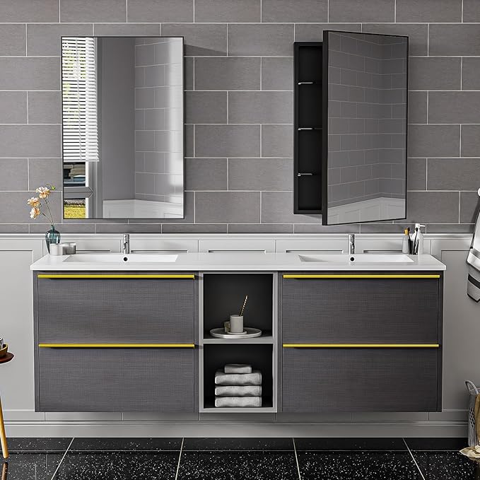 Black Modern Bathroom Medicine Cabinet,17x30 Inch Wall Mounted Surface Mount with 3 Adjustable Shelves,Tempered Glass,Rectangular