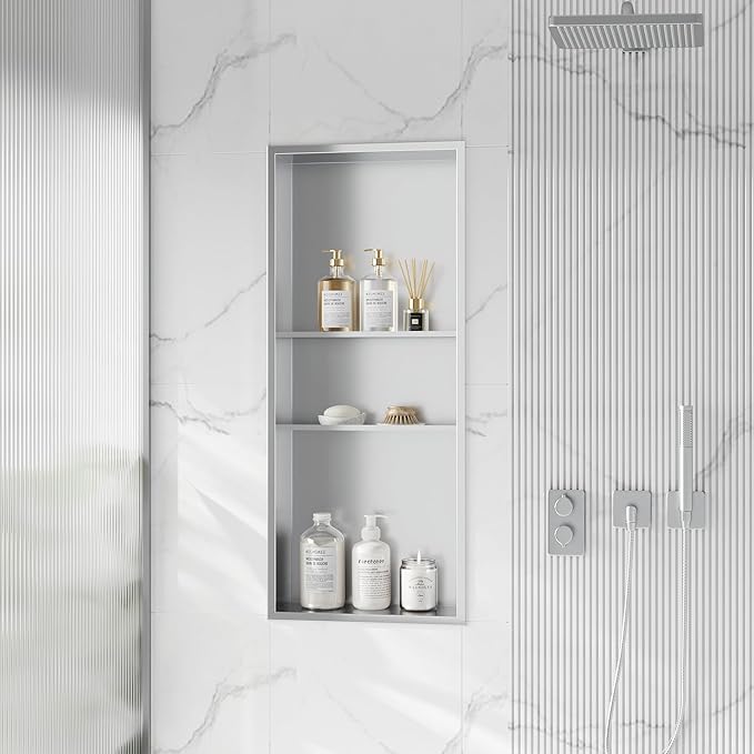 Neodrain 12X30 in Shower Niche, 3 Layers Brushed Wall Niche Stainless Steel Recessed Cubby NO Tile Needed Recessed Niche Shower for Bathroom Storage