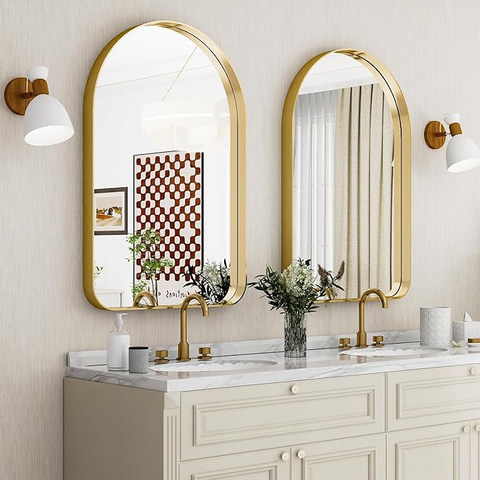 GLSLAND 26”x38“ Gold Arched Bathroom Mirror - Aluminum Alloy Framed Mirrors for Wall- Arch Wall Mirror, Brush Gold Bathroom Mirror for Bedroom