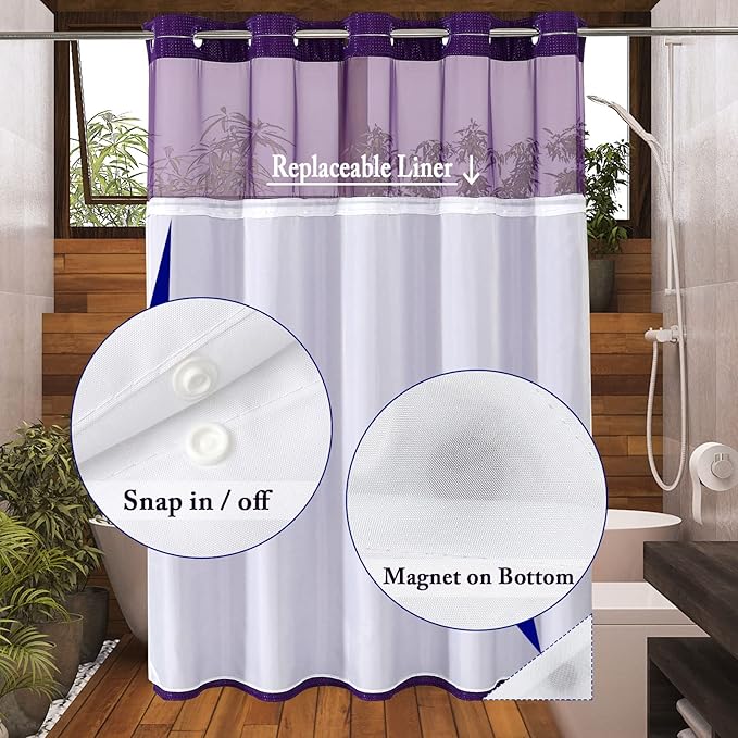 Gibelle No Hook Waffle Weave Shower Curtain with Snap-in Fabric Liner Set for Bathroom, Hotel Style with Mesh Top Window, Waterproof & Washable, Purple, 72x74