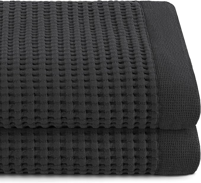 GILDEN TREE Waffle Towels for Bathroom Luxury 100% Cotton Bath Towels, Quick Dry Towel, Thin Super Absorbent Lint Free Shower Towels, Bath Towels Set of 2, Modern Style (Faded Black)