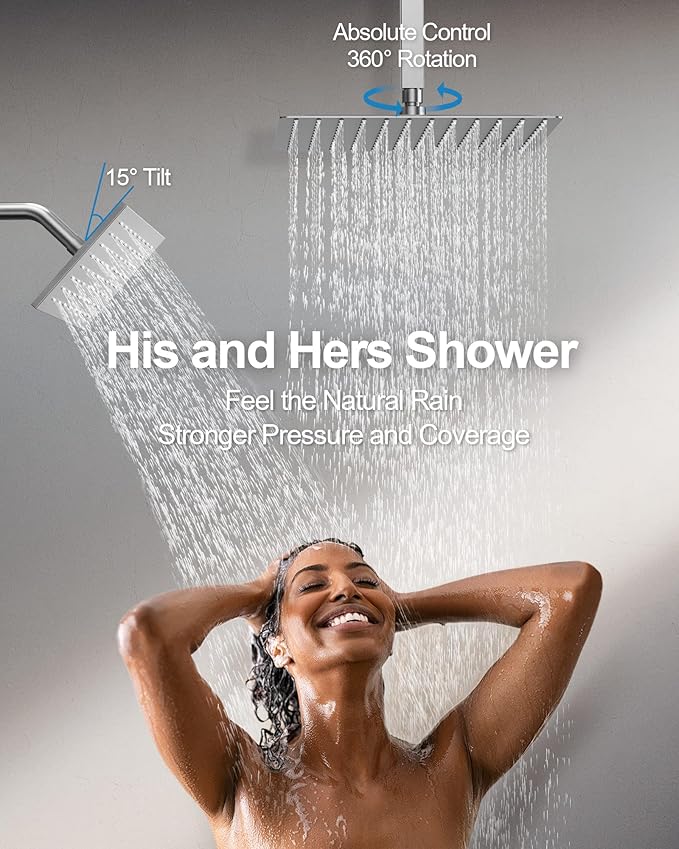 Thermostatic Shower System, Dual Rainfall Shower Heads for Ceilling & Wall Mounted with Handheld Sprayer, Brushed Nickel