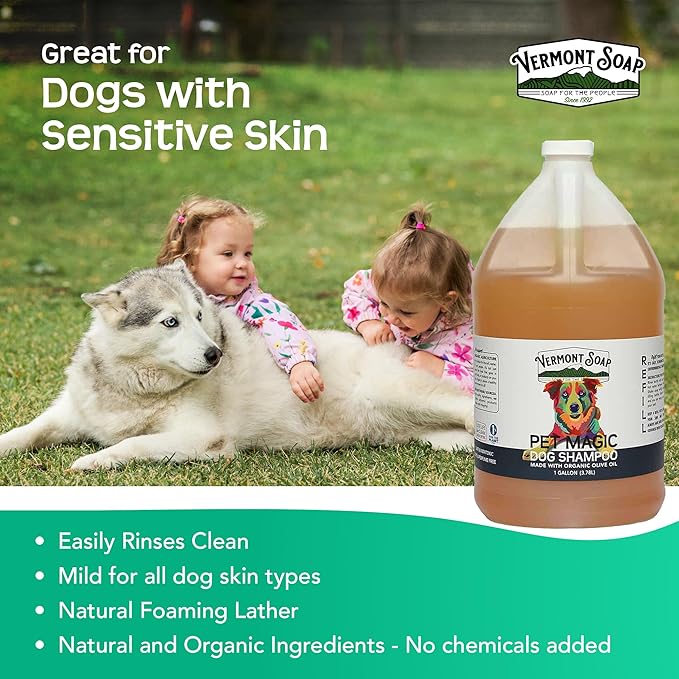 Vermont Soap Organics Pet Shampoo - Organic & Natural Olive Oil, Coconut & Aloe Vera Dog Shampoo for Sensitive Skin - USDA Certified Grooming Pet Shampoo - Original Citrus (128oz)