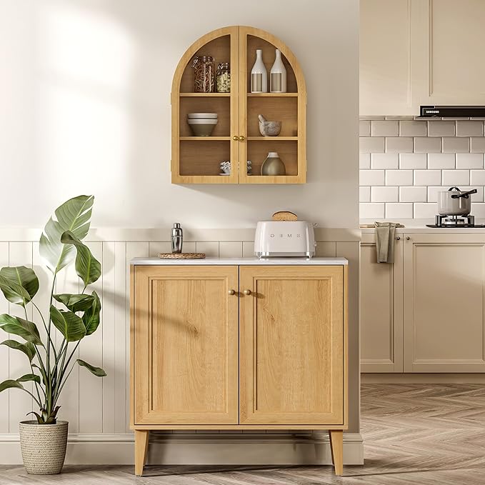 Small Arched Bathroom Wall Cabinet Modern Wooden Medicine Cabinet with Acrylic Doors Farmhouse Wall Mounted Cupboard Storage Organizer for Laundry Room, Dining Room, Natural Oak
