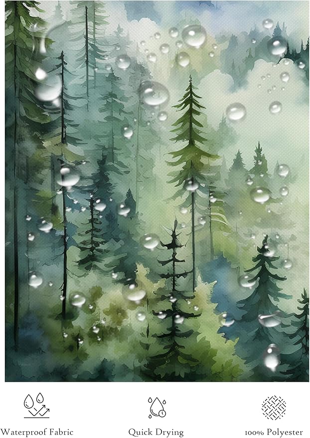 Coveted Goods Mountain Forest Shower Curtain 72” x 72”, Waterproof Polyester, Misty Pine Tree Landscape, Includes Grommets and Hooks, Machine Washable Nature-Inspired Bathroom Decor