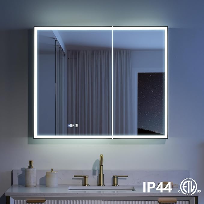 WELLFOR 36" X 30" LED Mirrored Medicine Cabinet, Medicine Cabinets with Lights for Bathroom, Defogging Function Mirror Cabinet, Bathroom Medicine Cabinet with USB Port & Outlet, Double Doors