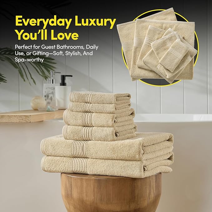 Bath Towels 8 Piece Towel Set – 100% Combed Cotton – Bath + Hand + Washcloths – Oeko-TEX Certified Soft & Absorbent Towels with Durable Double-Stitched Edges for Bathroom or Guest Spa, Beige