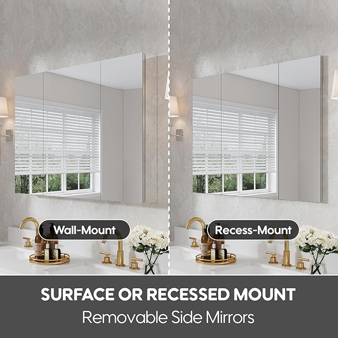 WELLFOR 44" x 30" Rectangle Medicine Cabinet Mirror, Surface Mount or Recessed Medicine Cabinet with Tempered Mirror, Anodized Chrome Aluminum Frame, Bathroom Mirror with Storage