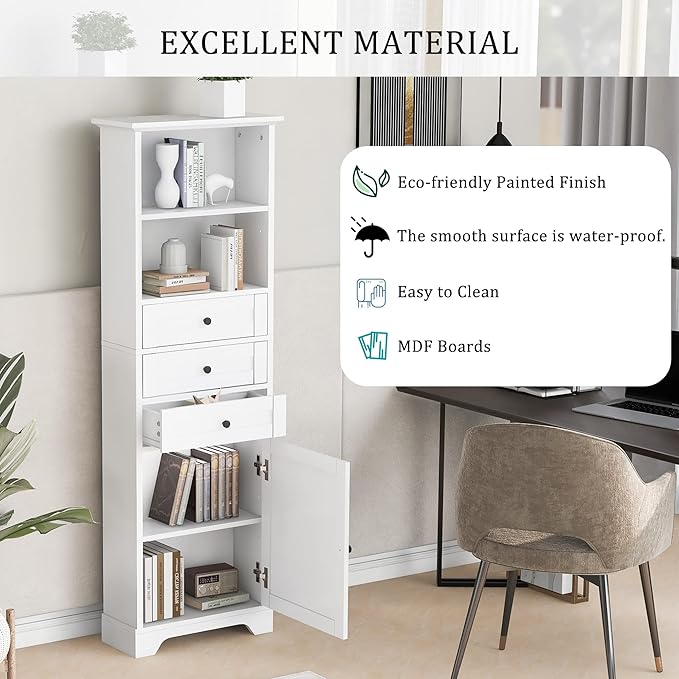 Harper & Bright Designs Storage Cabinet, 67.3 Inch Freestanding Tall Floor Bathroom Storage Cabinet with 3 Drawers, One Drawer, and Adjustable Shelves for Bathroom, Office, and Living Room (White)