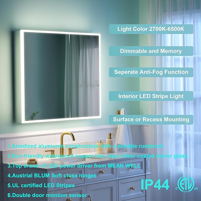 WELLFOR 30" X 30" Medicine Cabinet with Lights, 3X Magnification, Anti-Fog Mirrored Cabinet, Bathroom Vanity Medicine Cabinet with Outlets & USB Ports, Double Doors