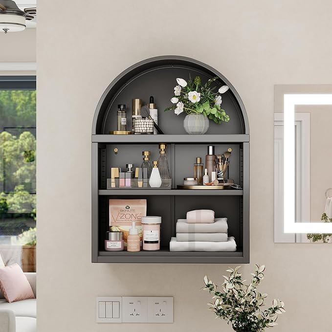 Metal Arched Wall Cabinet,Black Bathroom Wall Mounted Cupboard,Modern Arched Storage Cabinet with Adjustable Shelf,Space Saver Wall Cabinet,Requires Assembly
