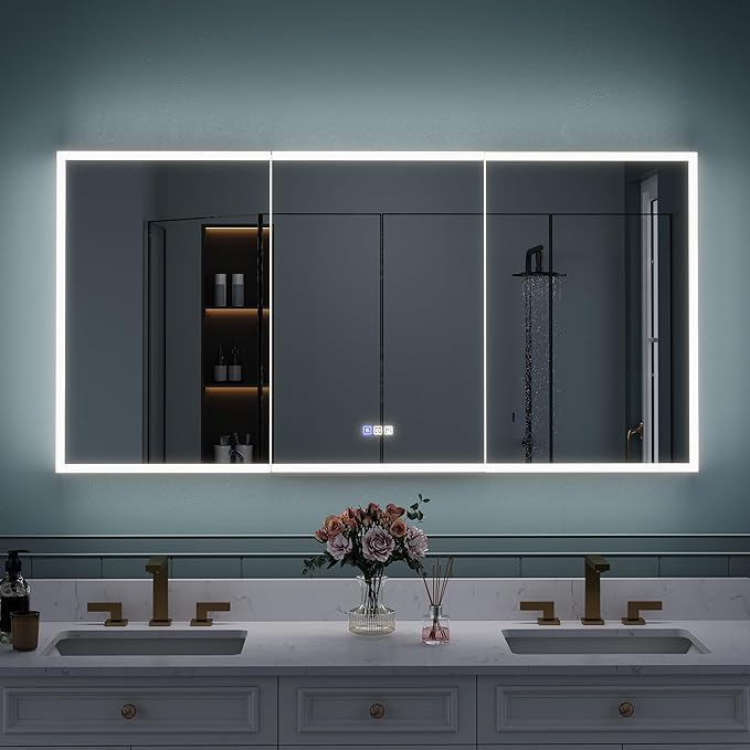 WELLFOR 60" X 30" LED Mirrored Bathroom Cabinet with 3X Magnification Makeup Mirror, Medicine Cabinet with Defog Mirror, Dimmer, Outlets & USB Ports, Bathroom Mirrored Cabinet with Three Opening Doors