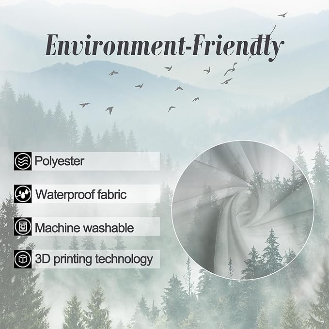 Riyidecor Small Stall Mountain Shower Curtain 36Wx72H Inch Green Rv Single Rustic Foggy Misty Nature Pine Tree Scenery Woodland Mens Bathroom Decor Fabric Polyester Waterproof 7 Pack Hooks