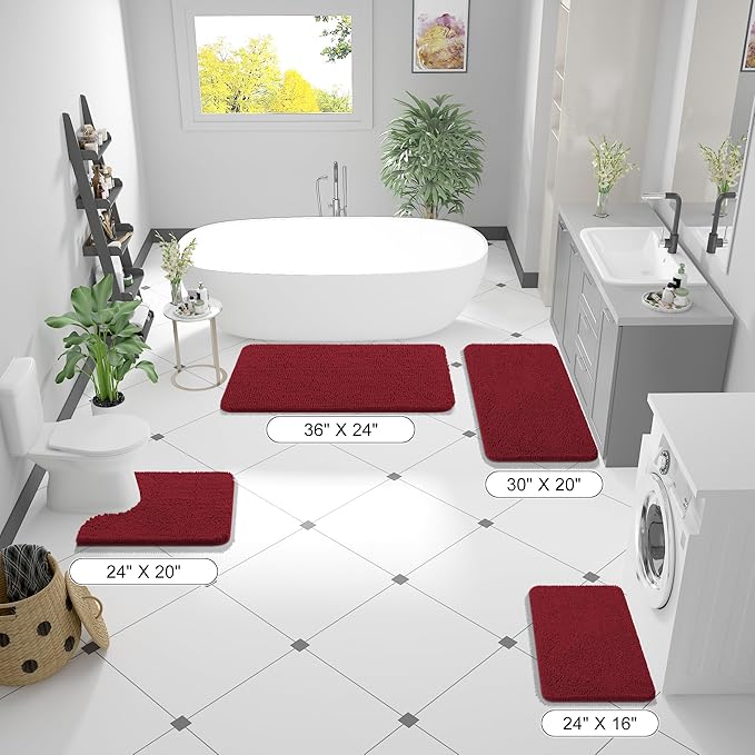 OLANLY Bathroom Rugs 59x24, Extra Soft Absorbent Chenille Bath Rugs, Rubber Backing Quick Dry, Machine Washable Bath Mats for Bathroom Floor, Tub and Shower, Home Decor Accessories, Red