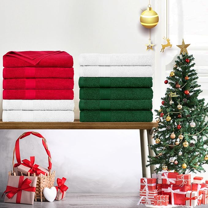 Ample Decor Hand Towels Set of 12 for Bathroom 100% Cotton 18 X 28 Inch 600 GSM Quick Drying - Christmas White, Red & Green