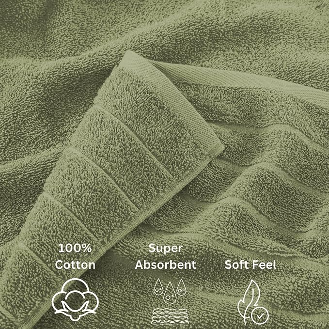 Casa Platino 100% Mercerized Cotton Bathroom Towel Set - 8 Pieces, Hotel Quality - Soft & Highly Absorbent - Ring Spun - 2 Large Bath Towels, 4 Washcloths, 2 Hand Towels - Family Pack - Oil Green