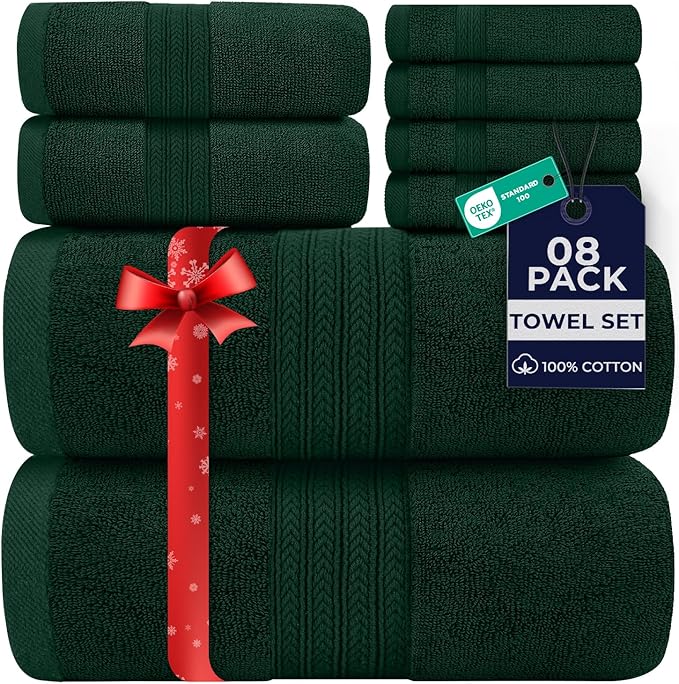 DAN RIVER 8 PC Luxury Bath Towels for Bathroom, 2 Bath, 2 Hand, and 4 Wash Cloths, 600 GSM 100% Ring Spun Cotton Towel Set, Highly Absorbent, Gym, Hotel, and Spa, Hunter Green