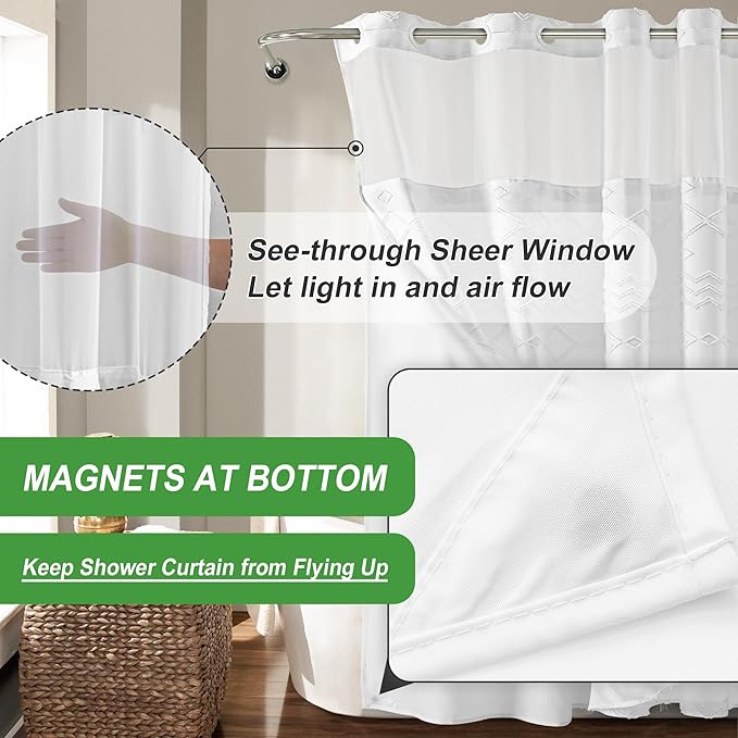 No Hooks Shower Curtain with Snap-in Liner, White Boho Fabric Tufted Chevron Striped Textured Shower Curtains for Bathroom, Water Repellent Hotel Quality Luxury Shower Curtain, 72Wx74H