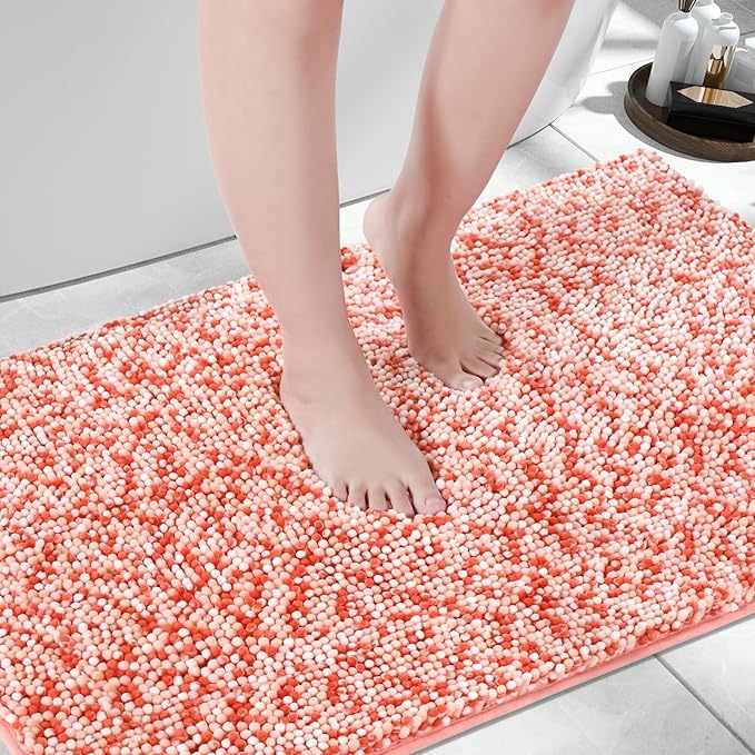 Yimobra Luxury Bathroom Rugs, 47x24, Extra Soft Chenille Mats for Bathroom Non Slip, Fluffy Long Matts for Tub, Plush Shaggy Carpet Runner, Water Absorbent, Machine Washable, Orange & Pink