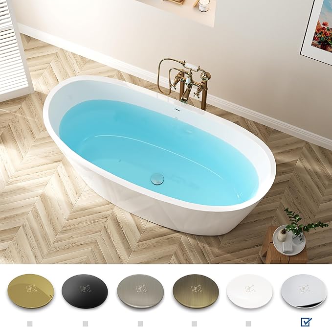FerdY Naha Elite 59" Acrylic Freestanding Bathtub, Curve Edge Freestanding Soaking Bathtub, Glossy White, cUPC Certified, Chrome Drain & Minimalist Linear Design Overflow Included