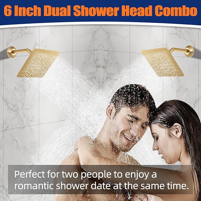 Thermostatic Shower System Three Shower Heads with 16" Ceiling Mounted Rain Shower Head & 2 x 6" Wall Mounted Head 4 Function Shower System Can All Run Together, Brushed Gold