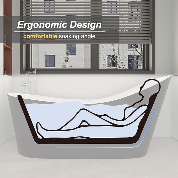 55" Black Modern Free Standing Soaking Slipper Bathtub, WHALEKING Luxury Stand Alone Deep Acrylic Hot Tub with Chrome Overflow & Drain,