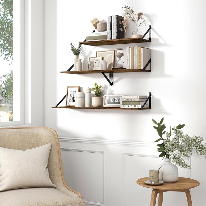 Fun Memories Deep Floating Shelves for Wall, 16W x 8D Wall Mounted Shelves Set of 2, Wide Display Ledge Shelf with Sturdy Metal Brackets for Living Room, Bathroom, Bedroom and Kitchen, Rustic Brown