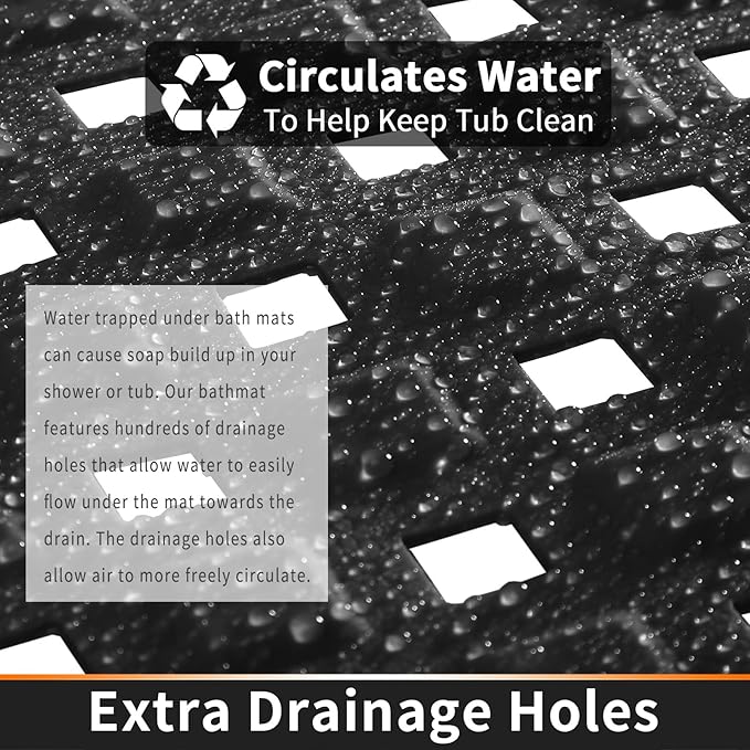 Yimobra Square Shower Mat Non Slip, Super Strong Suction Cups, 21"x21" Bath Tub Mat with Drain Holes, Machine Washable Fast Draining Bath Mats, Bathroom Essentials,Black
