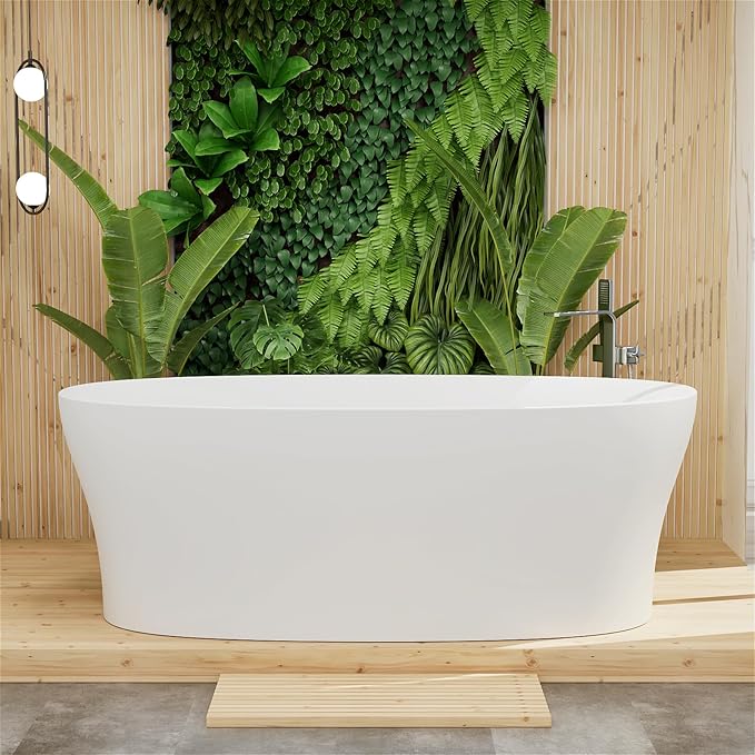 GIVINGTREE 63'' Freestanding Solid Surface Resin Stone Bathtub, Contemporary Design Stand Alone Tub with Pop-up Drain and Overflow, cUPC Certified (PO1072-White)