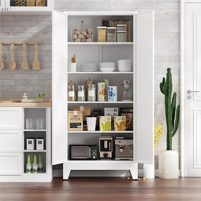 Metal Cabinets with Barn Doors and Adjustable Shelves,71" Tall Storage Cabinet,5-Tier Storage Cupboard for Kitchen,Dining Room,Garage,Bathroom,White