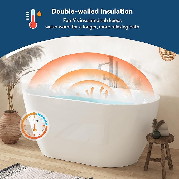 FerdY Bali 55" Freestanding Bathtub, Glossy White Freestanding soaking tub with Polished Gold Drain & Integrated Slotted Overflow, cUPC Certified…
