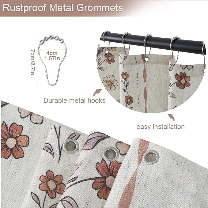ORTIGIA Farmhouse Floral Shower Curtains for Bathroom Linen Boho Vintage Shower Curtain Set with Metal Hooks Waterproof Block Print Rustic Fabric Bath Curtain for Home, Weighted, 72x72