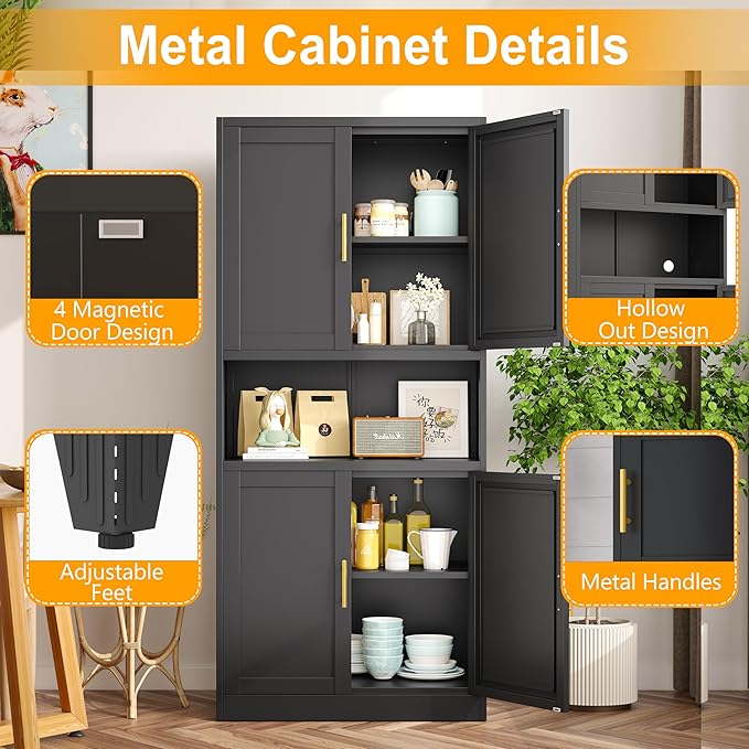 Black Metal Pantry Cabinet with 4 Doors, 2 Adjustable Shelves, 61" H Garage Storage Cabinet for for Home Office, Living Room, Dinning Room