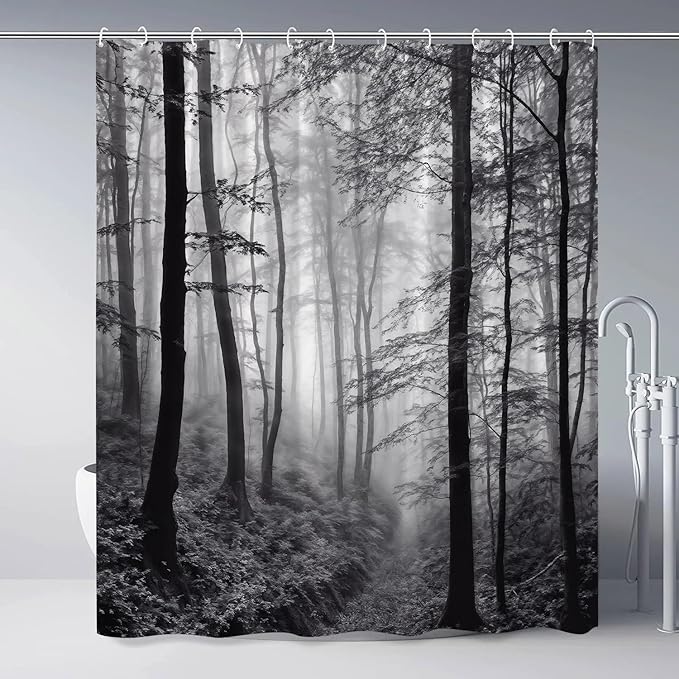 Misty Forest Shower Curtain Black White Foggy Nature Landscape Grey Fantasy Fog Tree Rustic Farmhouse Outdoor Bath Curtain with Hook 106Wx70H Inch