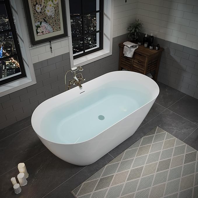 ABRUZZO 55" Acrylic Freestanding Bathtub - Oval Deep Soak Tub, Center Drain & Overflow, cUPC Certified Glossy White