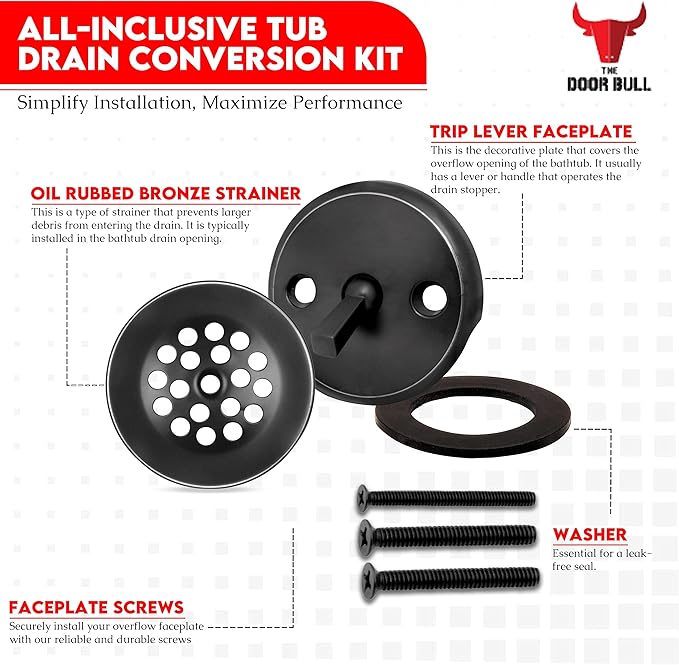 Trip Lever Bathtub Drain Kit with Strainer – 2-Hole Overflow Faceplate, Matching Screws – Tub Drain Trim Replacement Set for Bathroom Bathtubs