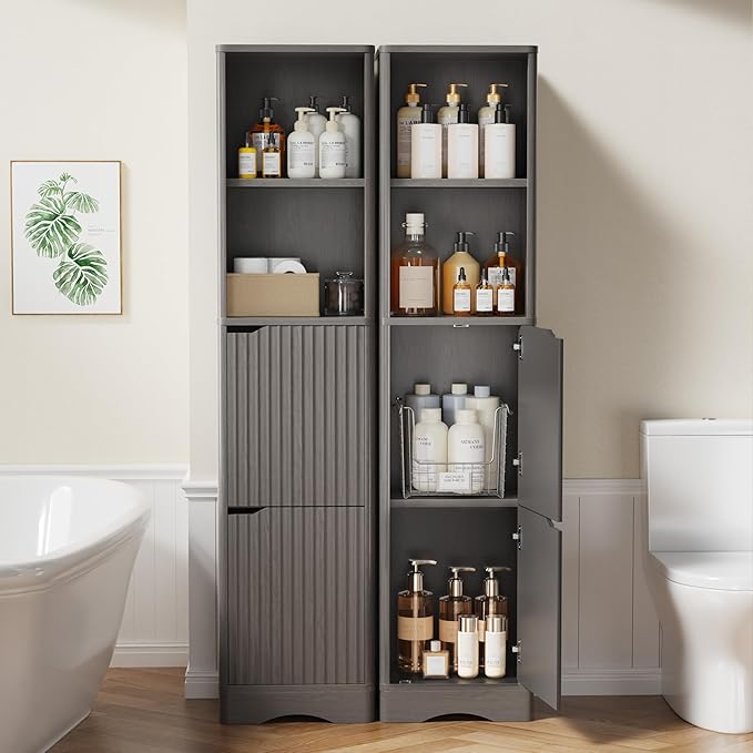 67" Tall Bathroom Organizer and Storage, Narrow Storage Cabinet with 2 Doors and 4 Shelves, Freestanding Floor Storage Unit,15.7" W x 11.8" D x 66.9" H, Grey