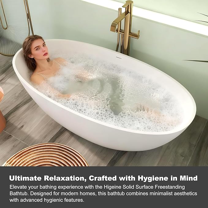 55" Premium Solid Surface Freestanding Bathtub, Upgraded Oval Stone Resin Tub with Overflow and Pop-up Drain, Matte White