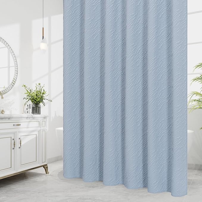 MitoVilla Fog Blue Shower Curtain, Farmhouse Waves Fabric Shower Curtains for Modern Hotel Bathroom Decor, 3D Geometric Embossed Textured, Waterproof & Wrinkle Resistant, 72 x 72