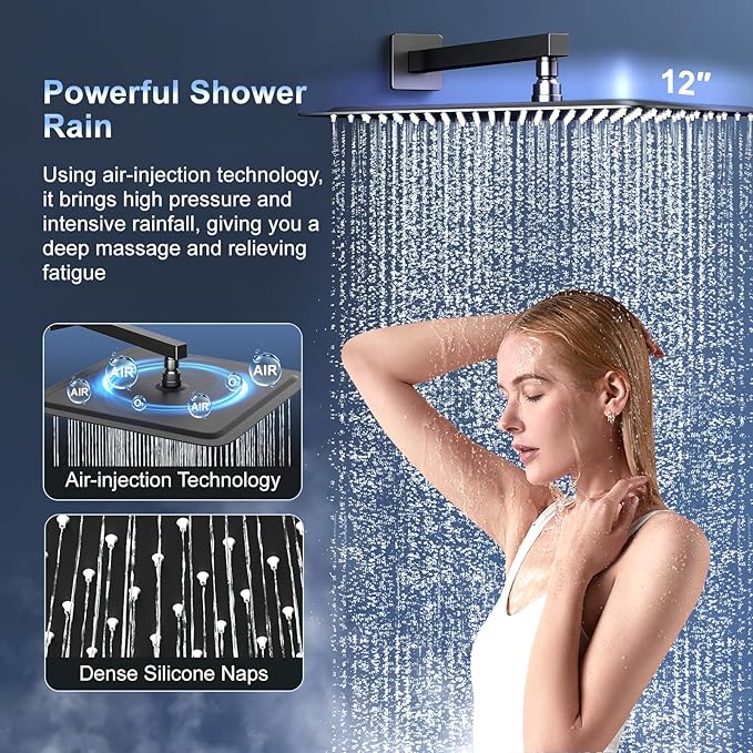 SR SUN RISE 12 Inch Slide Bar Shower Faucet Luxury High Pressure Shower Heads and Handheld Spray Combo Set Wall Mounted Shower System Included Valve and Trim Kit, Matte Black
