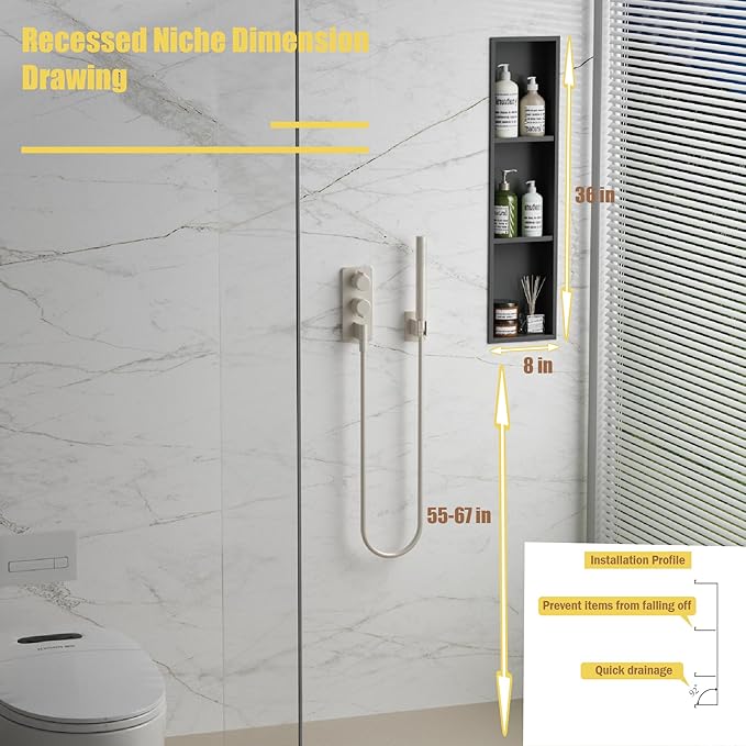 Tall Niche Three-Tiered Shelves Embedded in The Wall，Shower Niche No Tile Needed for Bathroom Niche Decor ，Stainless Steel（Black 8"x 36"）
